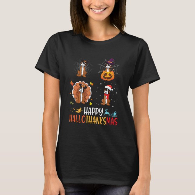 Boxer Dog Happy Hallothanksmas Halloween Thanksgiv T-Shirt (Vorderseite)