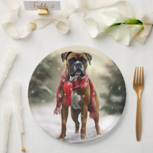 Boxer Dog in Schneeschweihnacht Pappteller