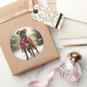 Boxer Dog in Schneeschweihnacht Runder Aufkleber