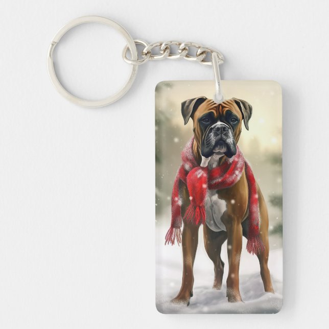 Boxer Dog in Schneeschweihnacht Schlüsselanhänger (Vorderseite)