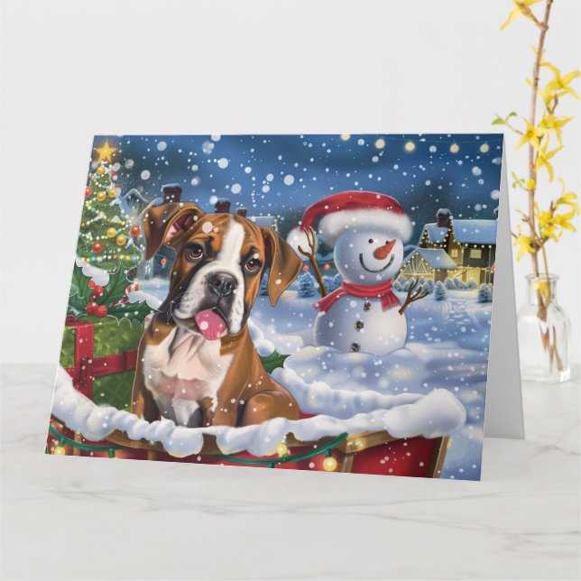 Boxer Dog in Sleigh Snow Weihnachten Karte (Gelbe Blume)