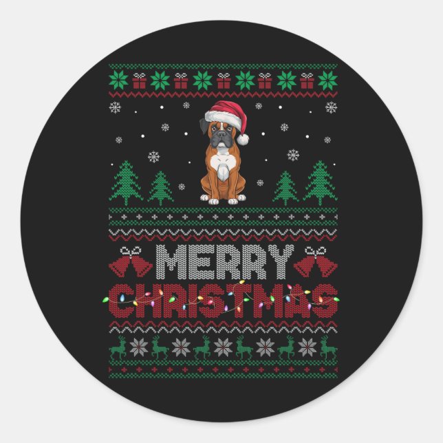 Boxer Dog liebt Weihnachtsmannmütze Weihnachtsbaum Runder Aufkleber (Vorderseite)