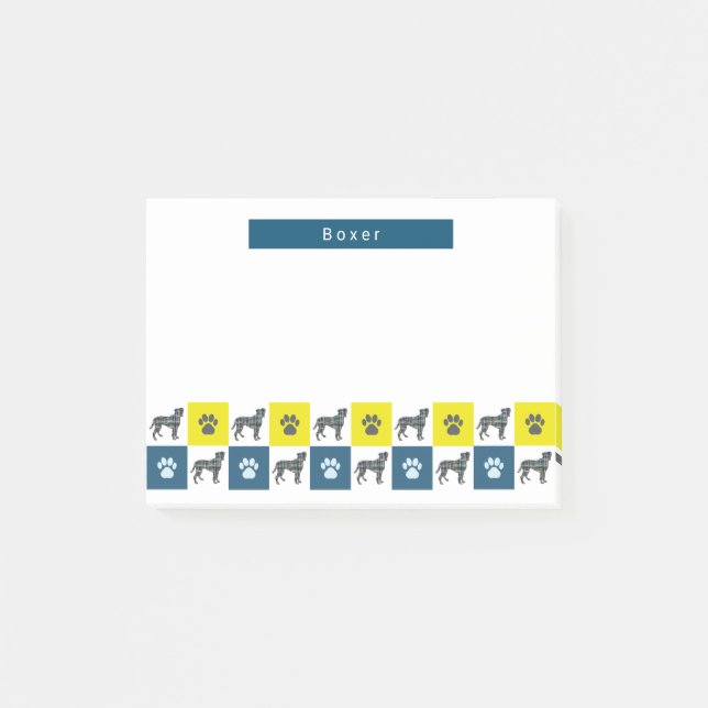 Boxer Dog & Paw Gelb & Blau Gitter Linien Post-it Klebezettel (Vorderseite)