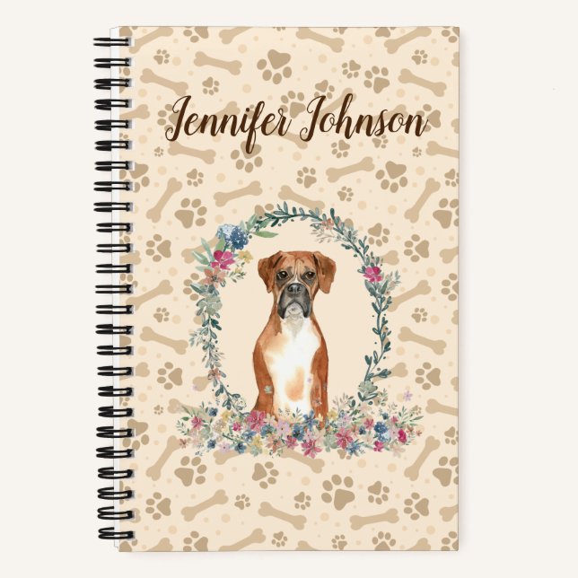 Boxer Dog Paw Print & Floral Niedlich Notizbuch (Vorderseite)