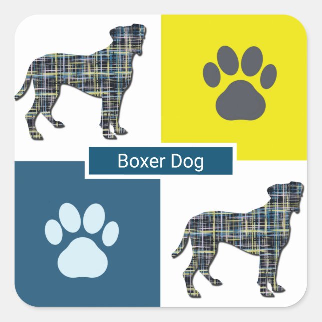 Boxer Dog & Paw Y&B Grid Square Sticker (Vorderseite)