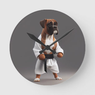 Boxer Dog Play Karate, Boxer Dog Karate Player Runde Wanduhr