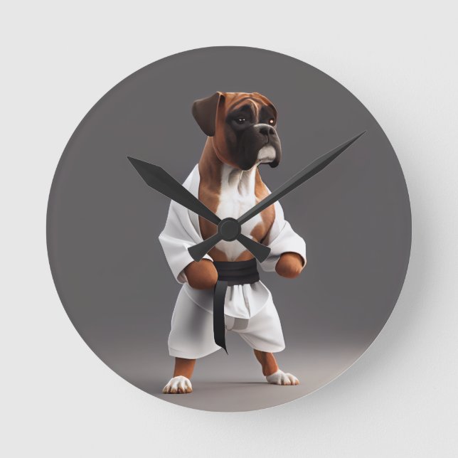 Boxer Dog Play Karate, Boxer Dog Karate Player Runde Wanduhr (Vorderseite)
