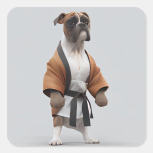 Boxer Dog Play Karate, Karate Champion Boxer Dog Quadratischer Aufkleber