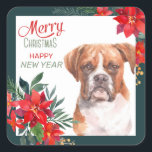 Boxer Dog Poinsettia Border Christmas Quadratischer Aufkleber<br><div class="desc">Auf diesem Aufkleber ist ein wunderschöner Boxer Hund mit Holiday Aquarell roten Poinsettienbouquets gerahmt. Eine äußere Grenze von passendem blauem Grün umgibt das innere Weiß, und weitere Poinsettia-Bilder befinden sich oben rechts. Der rote und aquamarine Text sagt "NUR CHRISTMAS GLÜCKLICH NEUES JAHR". Hübsch für Ihre Urlaubskorrespondenz oder Geschenkpakete, besonders wenn...</div>