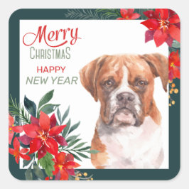 Boxer Dog Poinsettia Border Christmas Quadratischer Aufkleber