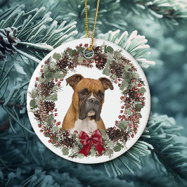 Boxer Dog Red Bow Pinecone Kreath Personalisiert Keramik Ornament