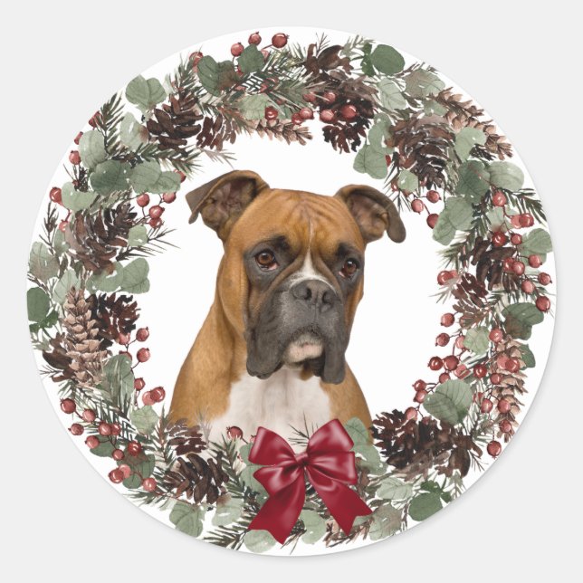 Boxer Dog Red Bow Pinecone Wreath Weihnachten Runder Aufkleber (Vorderseite)