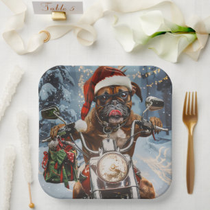 Boxer Dog Riding Motorrad Weihnachten Pappteller