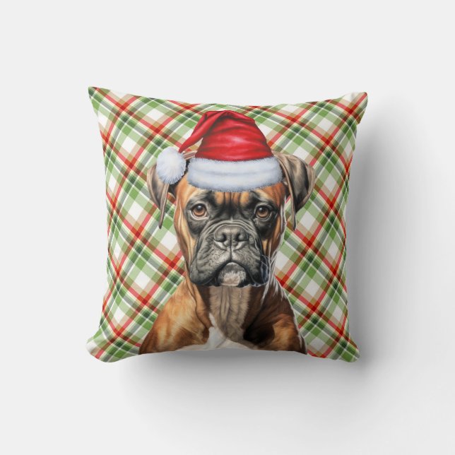 Boxer Dog Rot und Grün Karierter Weihnachtsurlaub Kissen (Vorderseite)
