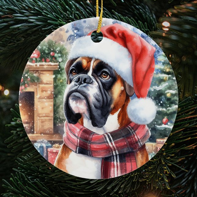 Boxer Dog Scarf und Weihnachtsmannmütze Weihnachte Keramik Ornament (Von Creator hochgeladen)