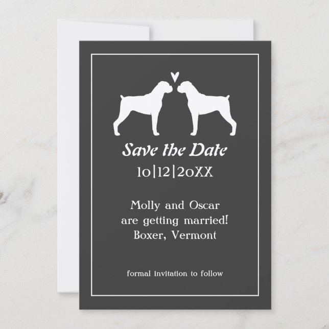 Boxer Dog Silhouetten Hochzeitssache Datum speiche Save The Date (Vorderseite)