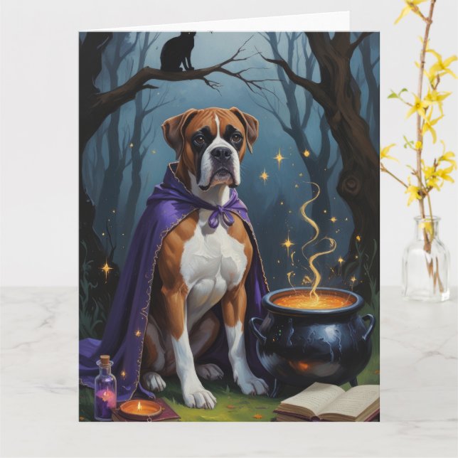 Boxer Dog Whimsical Halloween Malerei Karte (Gelbe Blume)