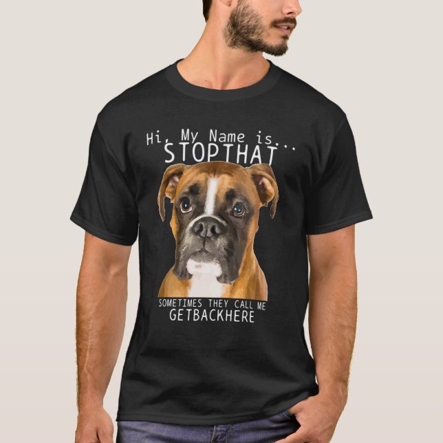 Boxer Hallo, ich heiße den lustigen Hund-Mama-Vate T-Shirt (Vorderseite)