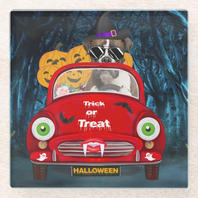 Boxer Hund Auto Beängstigend Halloween Glasuntersetzer (Vorderseite)