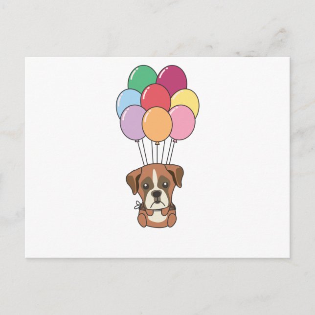 Boxer Hund fliegt mit farbenfrohen Balloons Postkarte (Vorderseite)