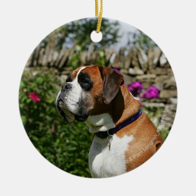 Boxer-Hund in den Blumen Keramik Ornament (Vorne)