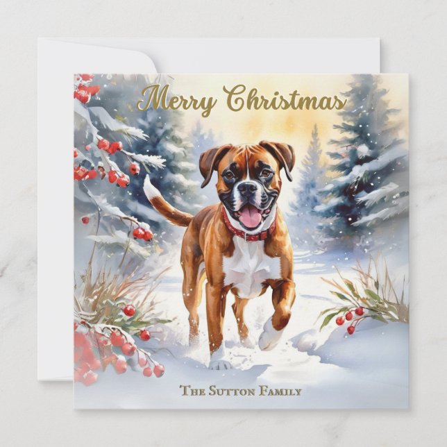 Boxer Hund in Schneeszene frohe Weihnachten (Vorderseite)
