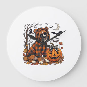 Boxer-Hund Karo-Hoodie Halloween-Kürbis-Fledermäus Große Wanduhr