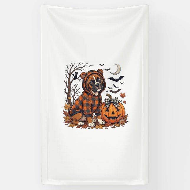 Boxer-Hund Karo Pullover Halloween Kürbis Fledermä Banner (Vertikal)