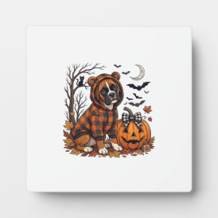 Boxer-Hund Karo Pullover Halloween Kürbis Fledermä Fotoplatte