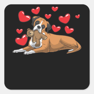 Boxer Hund mit ausgestopftem Tier und Herz Quadratischer Aufkleber