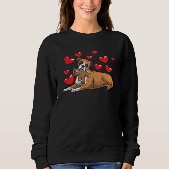 Boxer Hund mit ausgestopftem Tier und Herz Sweatshirt (Vorderseite)