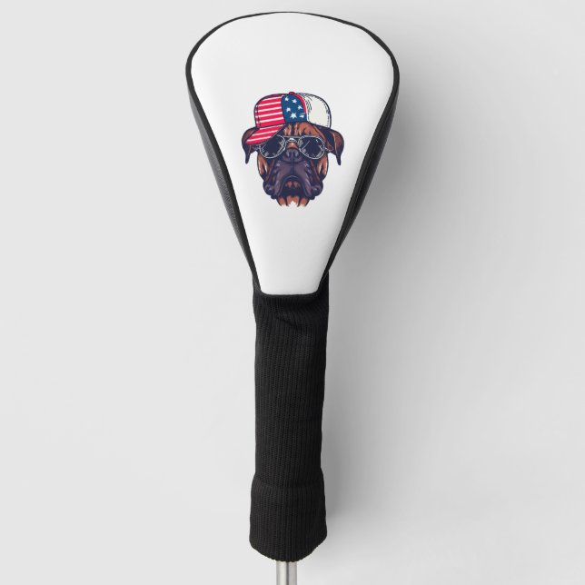 Boxer Hund trägt White Red Blue Golf Headcover (Vorderseite)