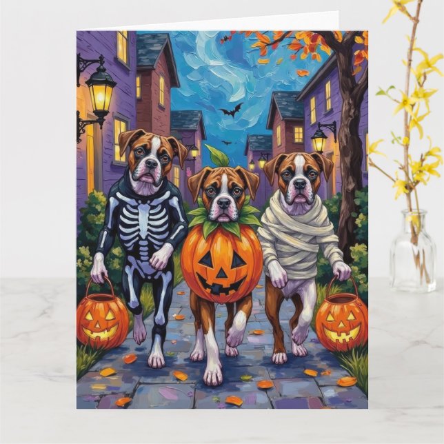 Boxer Hunde Trick-or-Treating in Halloween-Kostüme Karte (Gelbe Blume)
