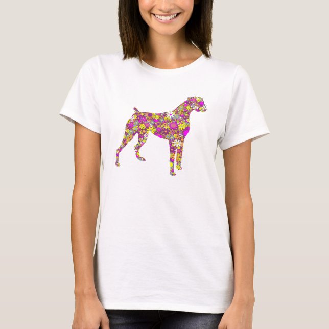 Boxer-HundeSilhouette T - Shirt mit Blumenmuster (Vorderseite)
