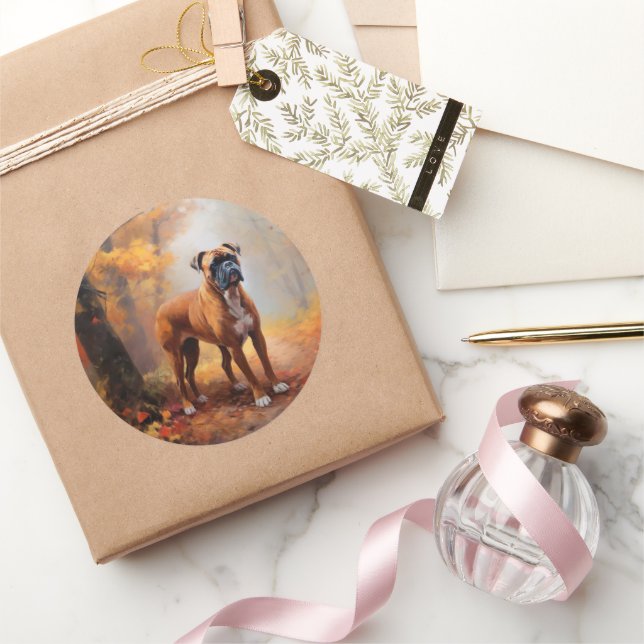 Boxer im Herbst Leaves Fall Inspiriert Runder Aufkleber (Schenken)