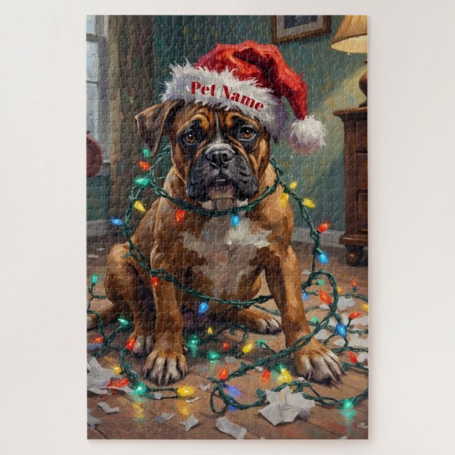 Boxer in Weihnachtslichtern verstrickt schuldig Hu (Vertikal)