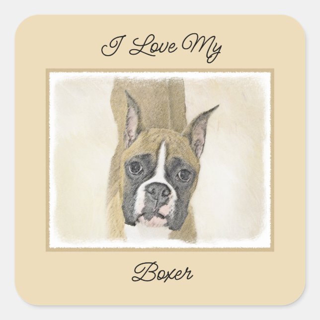 Boxer-Malerei - Niedliche Original Hunde-Kunst Quadratischer Aufkleber (Vorderseite)