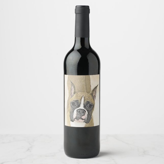 Boxer-Malerei - Niedliche Original Hunde-Kunst Weinetikett (Vorderseite)
