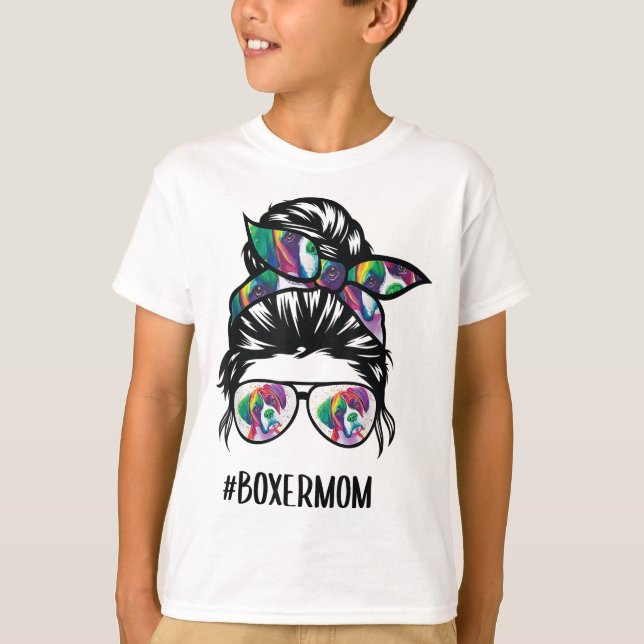 Boxer Mama Messy Bun Hair Dog Lover T-Shirt (Vorderseite)