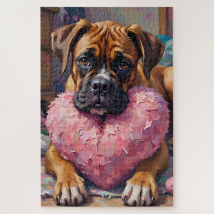 Boxer mit übergroßem Plüschherz zum Valentinstag