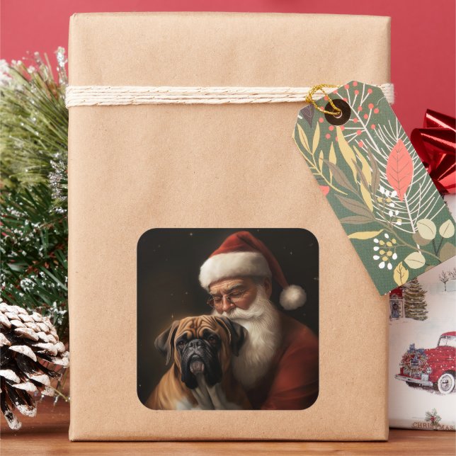 Boxer mit Weihnachtsfeiern Quadratischer Aufkleber (Feiertag)