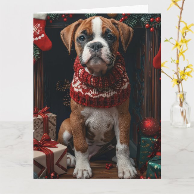 Boxer mit Weihnachtsgeschenken Feuerplatz Karte (Gelbe Blume)