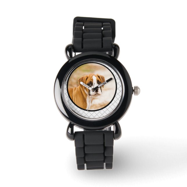 Boxer Puppy Dog Grauer Glitzer Band Beobachten Armbanduhr (Vorderseite)