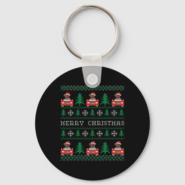 Boxer Riding Red Car Ugly Christmas Sweater Dog Schlüsselanhänger (Vorderseite)