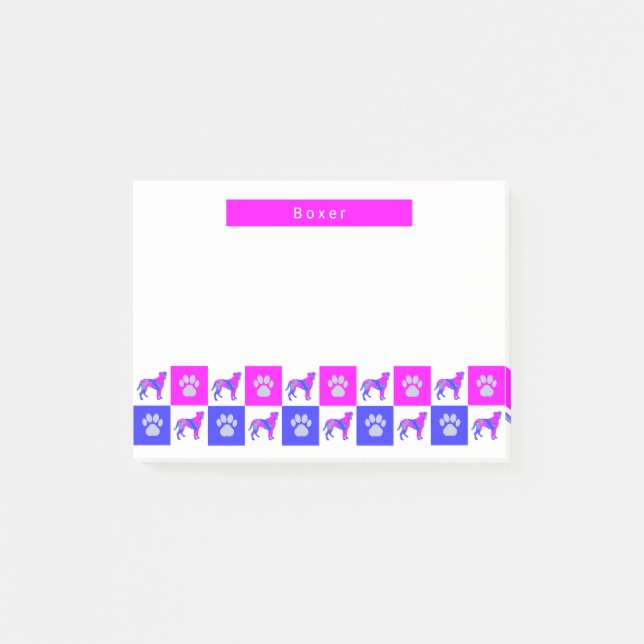 Boxer Silhouette Dog & Paw Hot Pink & Blue Post-it Klebezettel (Vorderseite)