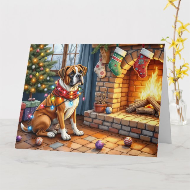 Boxer Sitting by Fireplace with Christmas Lights Karte (Gelbe Blume)