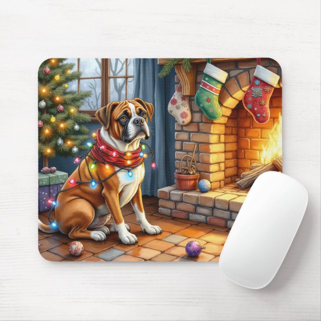 Boxer Sitting by Fireplace with Christmas Lights Mousepad (Mit Mouse)