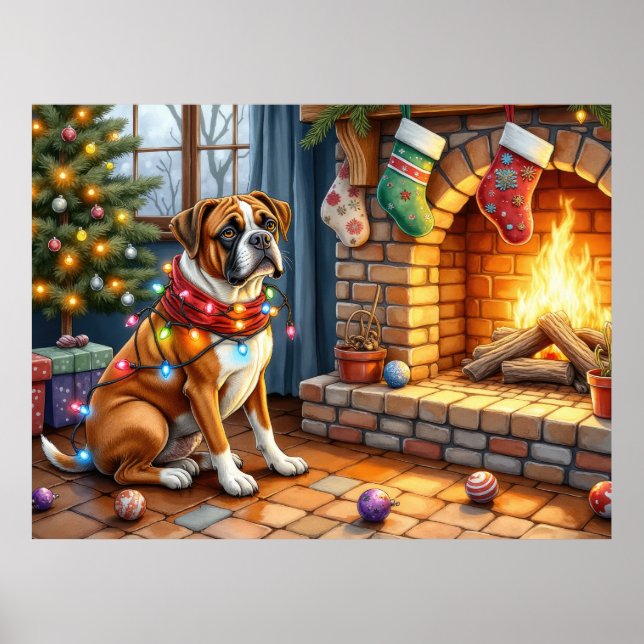 Boxer Sitting by Fireplace with Christmas Lights Poster (Vorne)