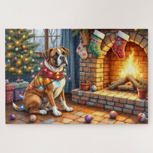 Boxer sitzt neben dem Kamin mit Weihnachtslichtern (Horizontal)