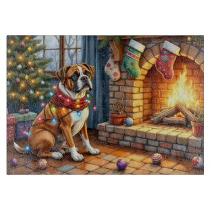 Boxer sitzt neben dem Kamin mit Weihnachtslichtern Schneidebrett